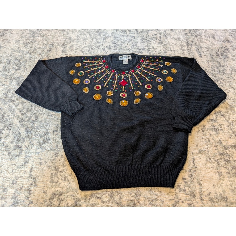 Western Connection VTG Black Jeweled Beaded Rhinestone Sweater Women's Medium
